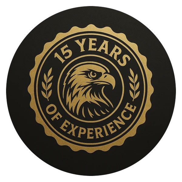 15 years of experience — Falcon's Iron Design seal
