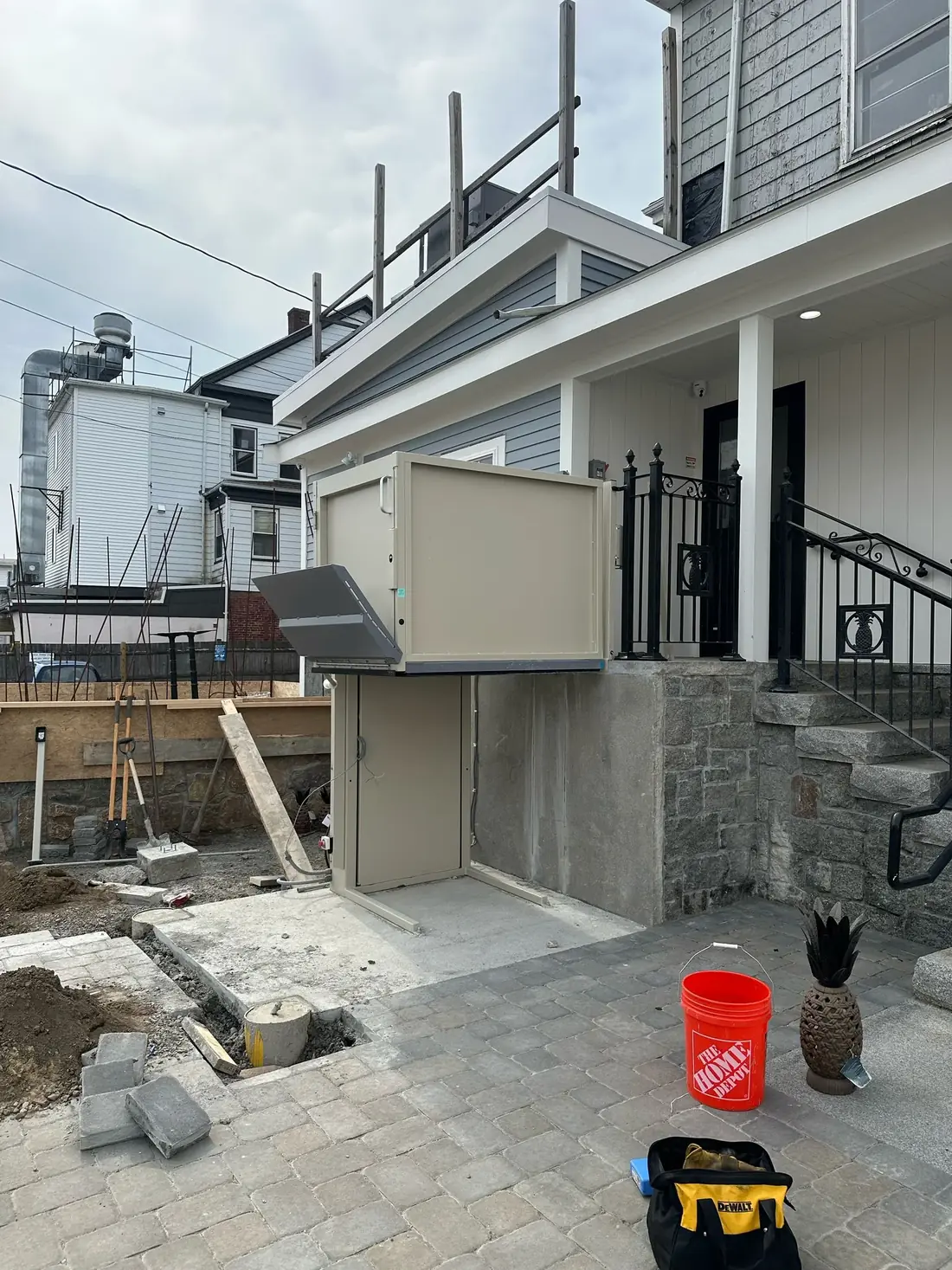 Steel canopy frame posts and beams on the jobsite