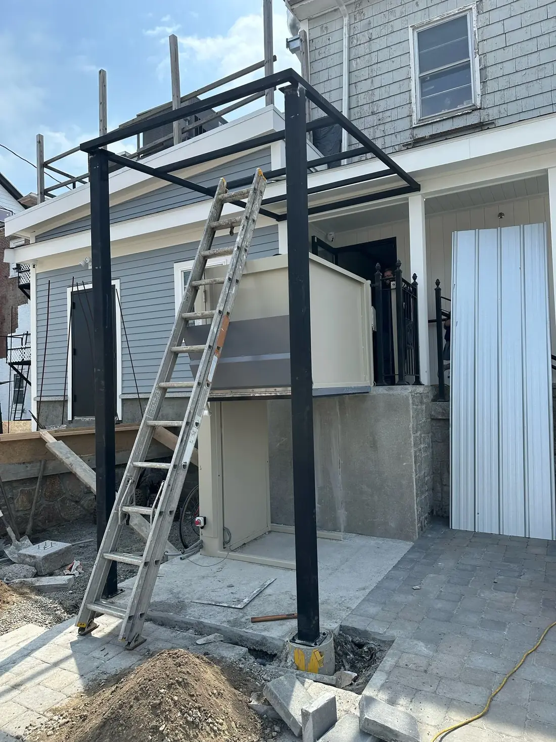 Structural steel post and column installation on site