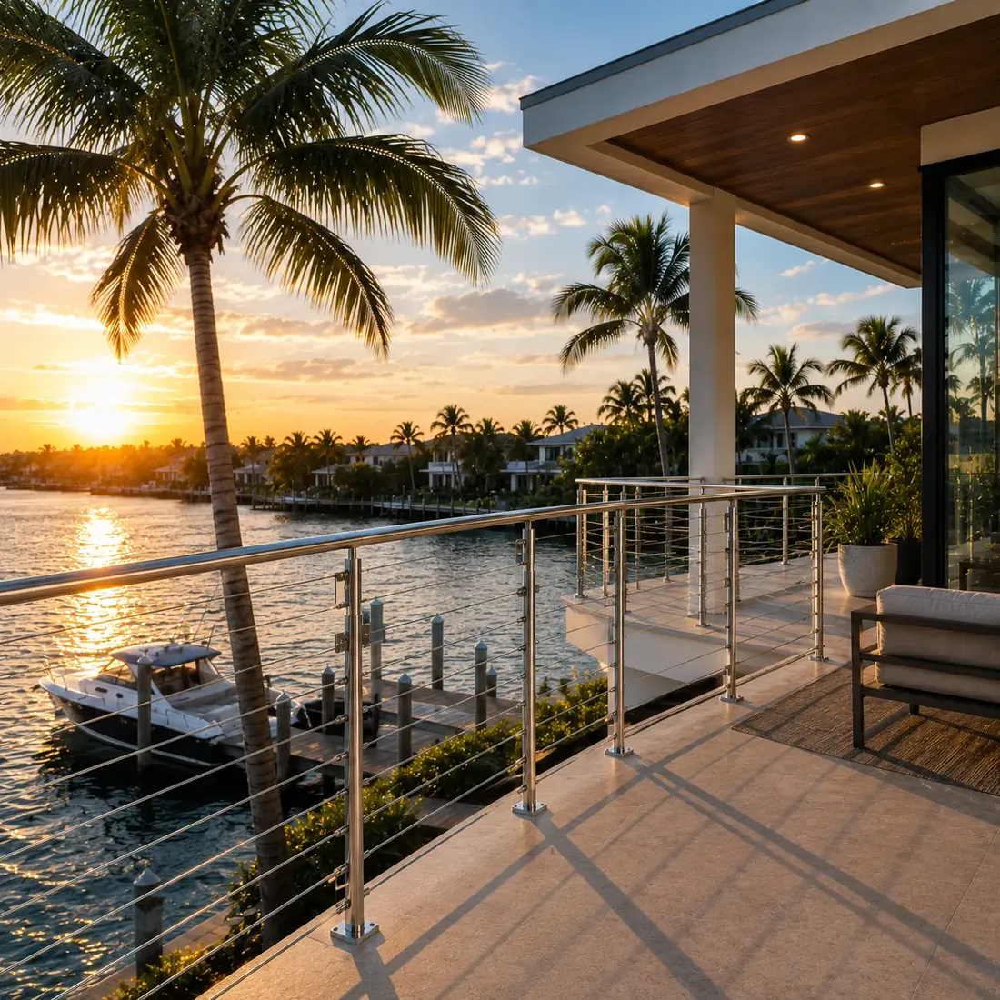 Stainless cable railing on a canal-front balcony