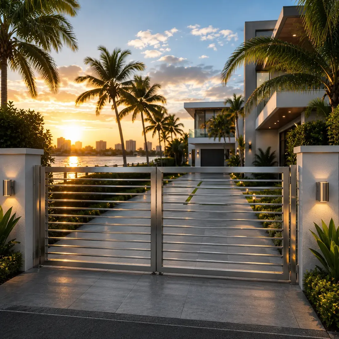 Custom iron driveway gate at a residential entrance