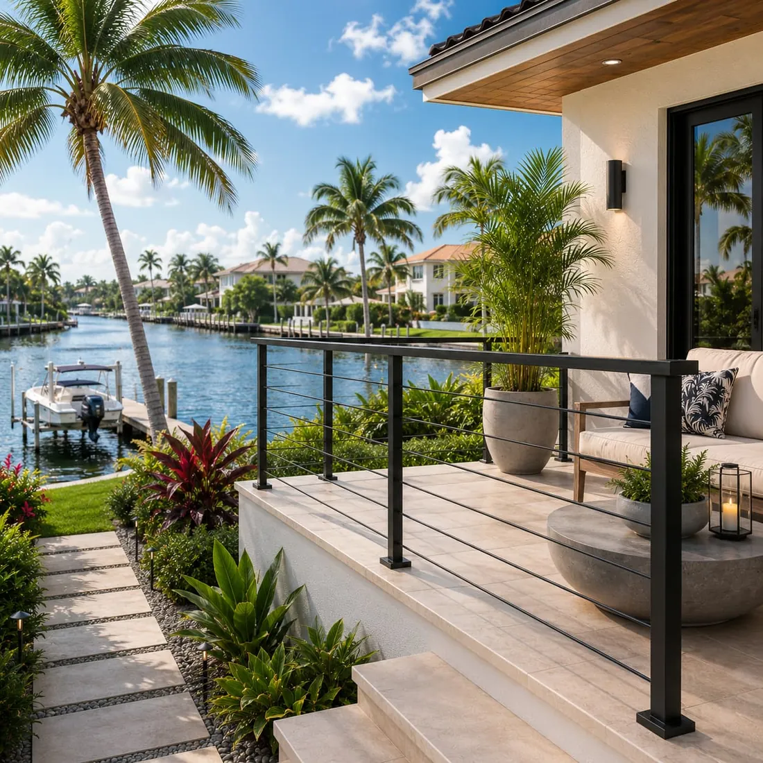 Steel handrail on residential entry steps